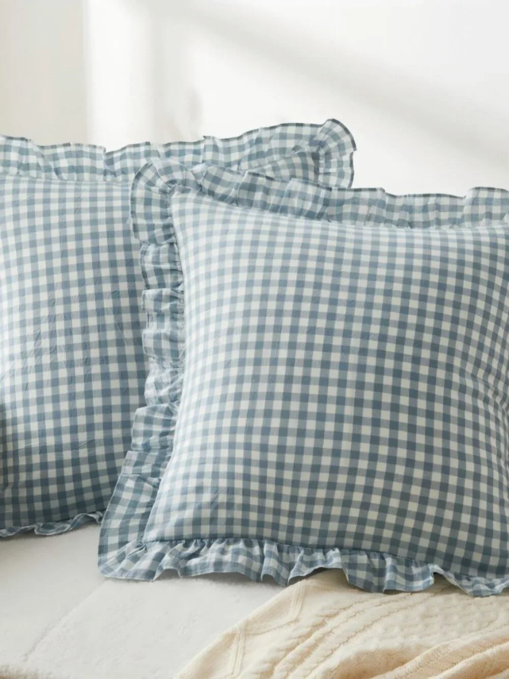 2 Pcs Ruffle Gingham Pillow Covers 26" x 26", Dusty Blue Plaid